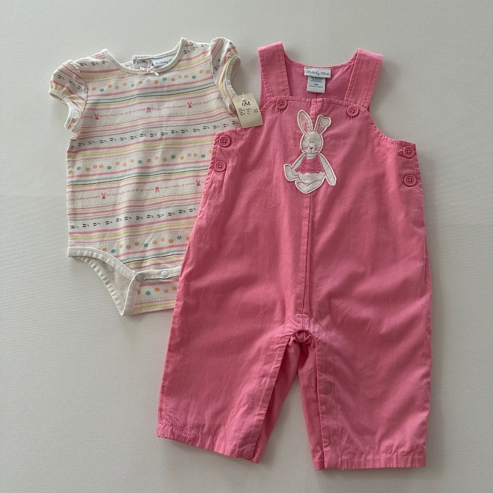 Lullaby Club 6 Months Baby Girl Pink Bunny Overalls Bodysuit Set Outfit Spring